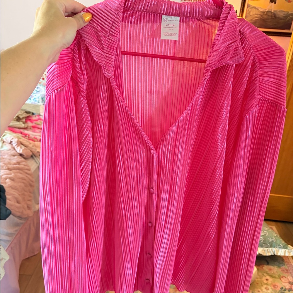 Bright Pink Pleated Button-Front Women's Top